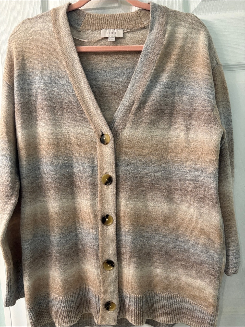LOFT Women's Striped V-Neck Button Cardigan - Beige Multi Sz M oversized